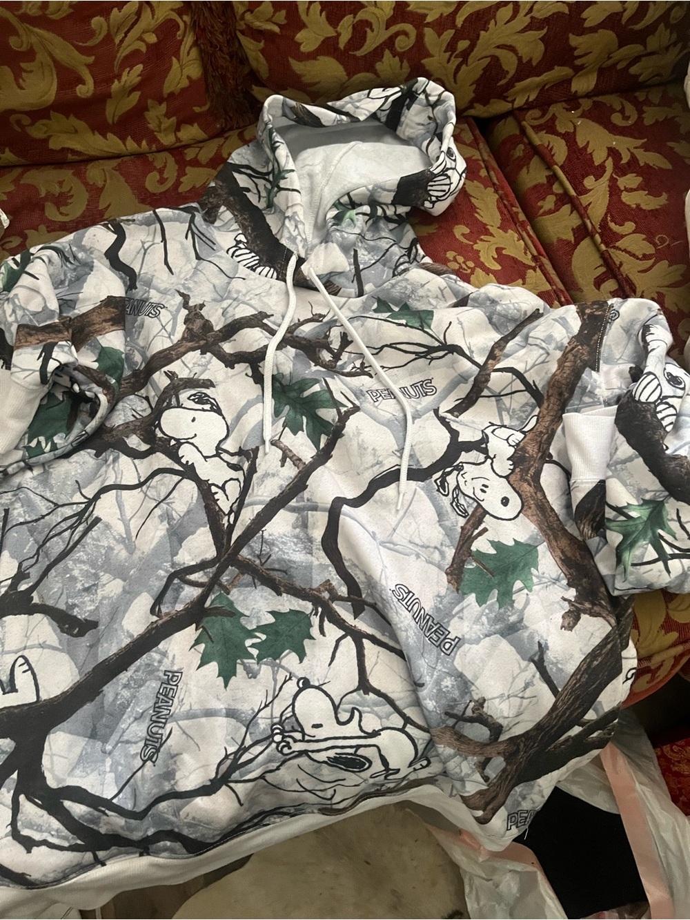 Peanuts White Camo Hoodie with Tree Branch and Snoopy Print